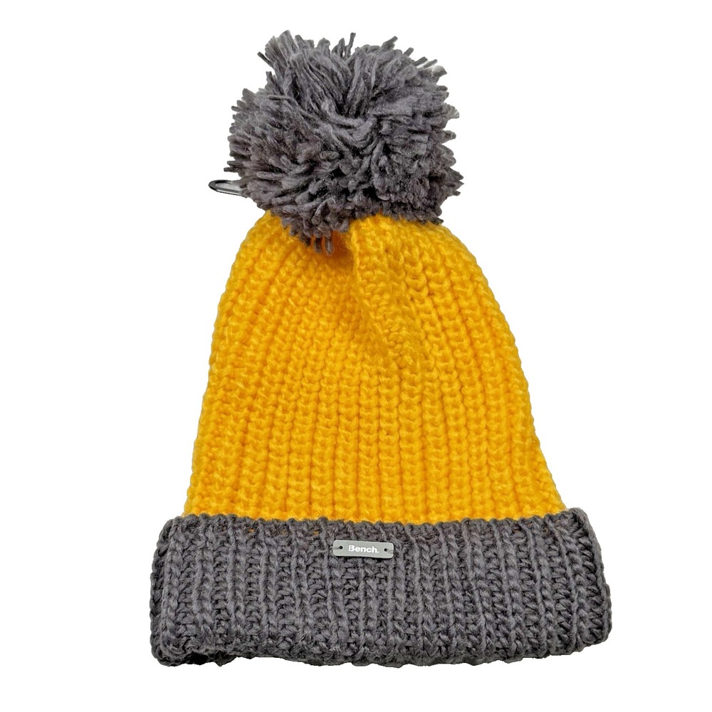 BENCH Chunky Knit Pom Pom Beanie Yellow Gray OS Fisherman Travel Cozy Ski Unisex